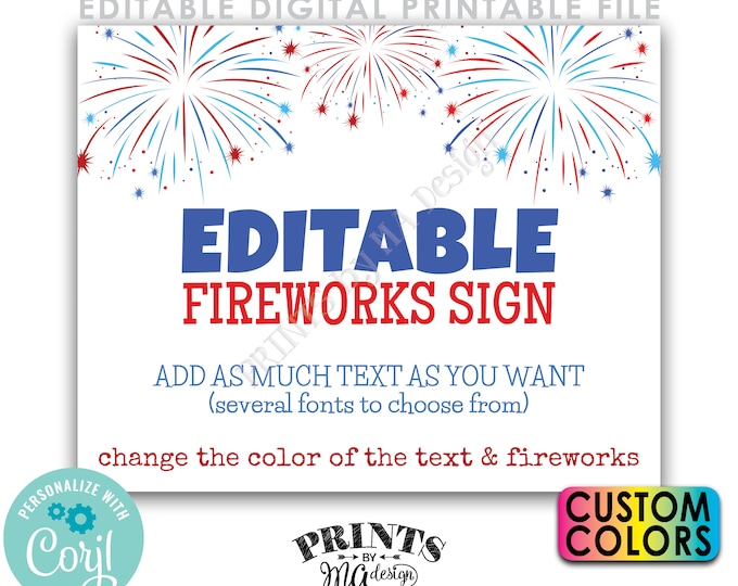 Editable Fireworks Sign, Patriotic 4th of July, Memorial/Labor Day, Choose Your Text, 1 PRINTABLE Landscape Sign <Edit Yourself w/Corjl>
