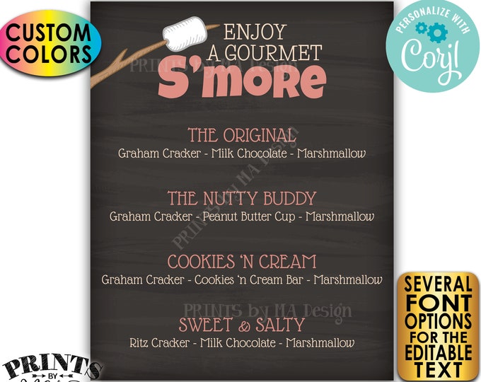 S'more Menu, Enjoy a Gourmet S'more Sign, Custom PRINTABLE 8x10/16x20” Chalkboard Style Smores Menu Sign <Edit Yourself with Corjl>