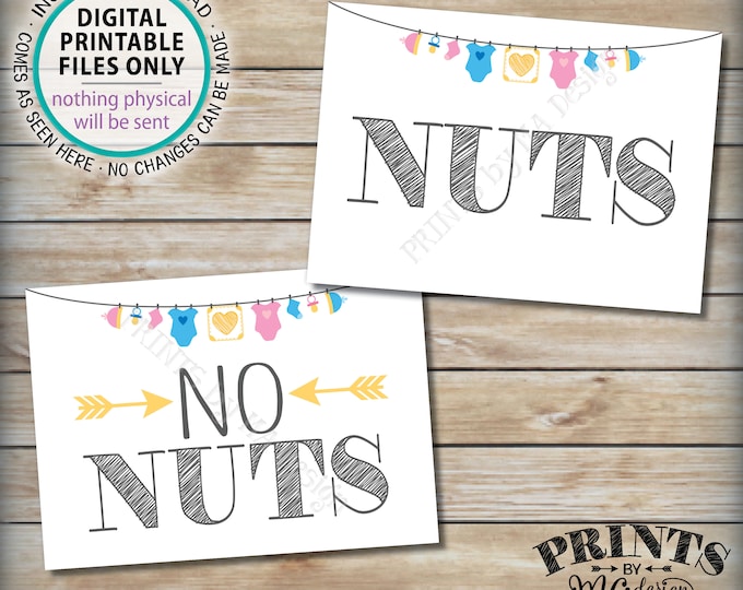 Nuts and No Nuts Signs, Food Allergy Baby Shower Sign, Nut Free Zone, Pink/Blue Neutral Clothesline, 2 PRINTABLE 5x7” Baby Shower Signs <ID>