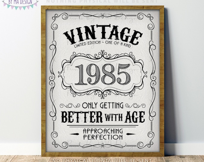 1985 Birthday Sign, Better with Age Vintage Birthday Poster, Aged to Perfection, Textured Style PRINTABLE 8x10/16x20” Instant Download Sign