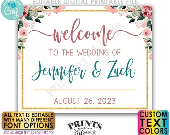 Editable Wedding Welcome Sign, Rose Gold Blush Floral, Gold Glitter, Custom PRINTABLE 8x10/16x20” Sign <Edit Yourself w/Corjl>