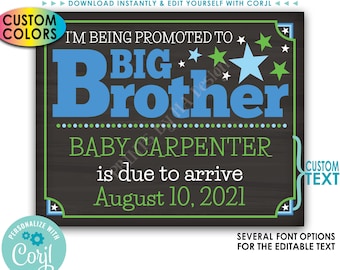 Promoted to Big Brother Pregnancy Announcement, Big Bro Promotion, PRINTABLE Baby #2 Sign <Edit Yourself with Corjl>