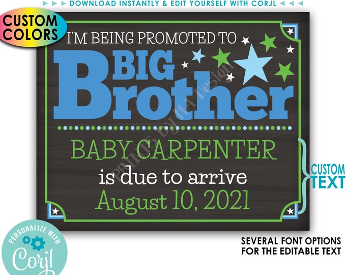 Promoted to Big Brother Pregnancy Announcement, Big Bro Promotion, PRINTABLE Baby #2 Sign <Edit Yourself with Corjl>