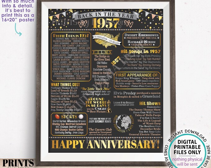 Back in the Year 1957 Anniversary Sign, Flashback to 1957 Anniversary Decor, Anniversary Gift, PRINTABLE 16x20” Poster Board <ID>