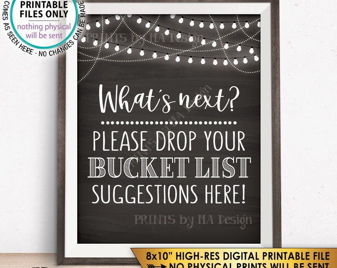 Bucket List Sign, Bucket List Suggestions, Retirement Party, PRINTABLE 8x10” Chalkboard Style Sign <ID>