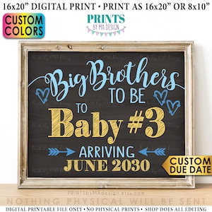 Baby #3 Pregnancy Announcement, Big Brothers to 3rd Baby Number 3 Photo Prop, Custom Chalkboard Style PRINTABLE 8x10/16x20” Baby Reveal Sign