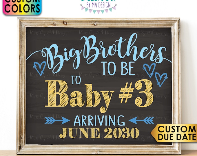 Baby #3 Pregnancy Announcement, Big Brothers to 3rd Baby Number 3 Photo Prop, Custom Chalkboard Style PRINTABLE 8x10/16x20” Baby Reveal Sign