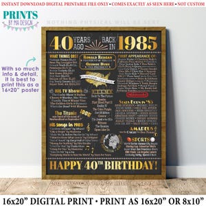 40th Birthday Poster Board, Back in the Year 1985 Flashback 40 Years Ago B-day Gift, PRINTABLE 16x20” Born in 1985 Sign &lt;ID&gt;