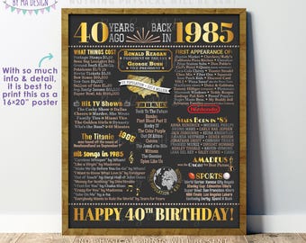 40th Birthday Poster Board, Back in the Year 1985 Flashback 40 Years Ago B-day Gift, PRINTABLE 16x20” Born in 1985 Sign &lt;ID&gt;