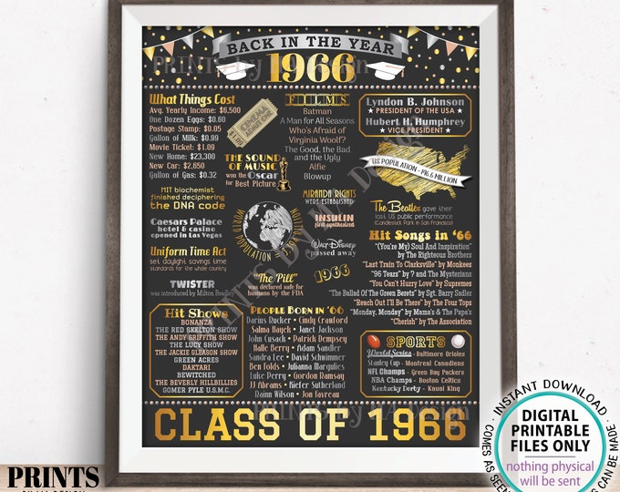 Class of 1966 Reunion Decoration, Back in the Year 1966 Poster Board, Flashback to 1966 High School Reunion, PRINTABLE 16x20” Sign <ID>