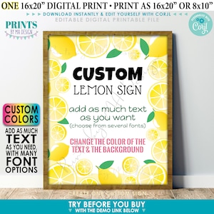 Custom Lemon Sign, Lemonade Stand, Choose Your Text, Custom Colors, One PRINTABLE 8x10/16x20” Portrait Sign <Edit Yourself w/Corjl>