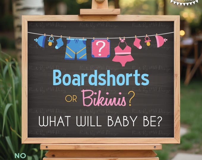 Boardshorts or Bikinis Gender Reveal Sign, Pink or Blue Gender Announcement, PRINTABLE 8x10/16x20” Chalkboard Style Sign <ID>