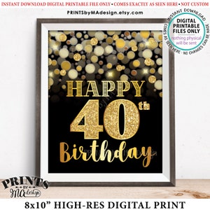 Cartão de aniversário de 40 anos, preto e dourado, glitter, 40 anos, dourado, 40 anos, cartão de aniversário de 40 anos, preto e dourado, digital para impressão, arquivo 8x10"