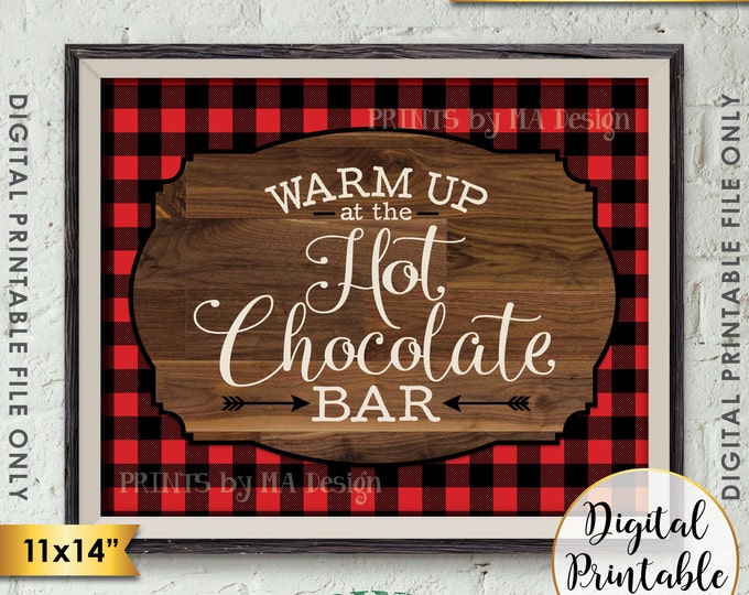 Hot Chocolate Bar Sign, Warm Up at the Hot Chocolate Bar, Hot Cocoa Sign Red Checker Lumberjack 11x14" Instant Download Digital Printable