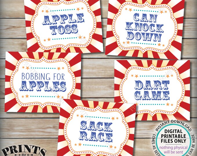 Carnival Signs, Carnival Games, Bobbing for Apples, Dart, Sack Race, Can Knock, Bundle Pack, Circus Party, PRINTABLE 8x10/16x20” Signs <ID>