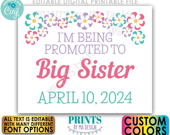 Floral Big Sister Pregnancy Announcement Sign, Baby Number 2, Flowers, PRINTABLE Baby #2 Sign <Edit Yourself with Corjl>