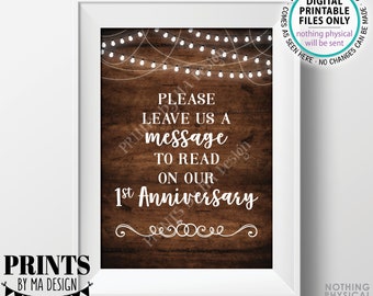 Please Leave Us a Message to Read on Our First Anniversary Wedding Sign, 1st Anniversary, PRINTABLE 5x7” Brown Rustic Wood Style Sign <ID>