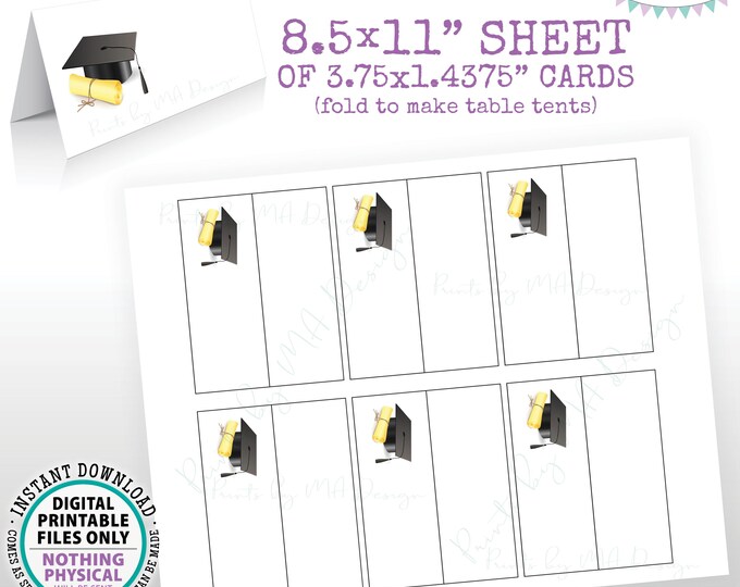Graduation  Place Cards, Mini Menu Food Signs, Blank Placecards for Grad Party, 1-7/16" x 3-3/4" Cards on PRINTABLE 8.5x11” Sheet <ID>