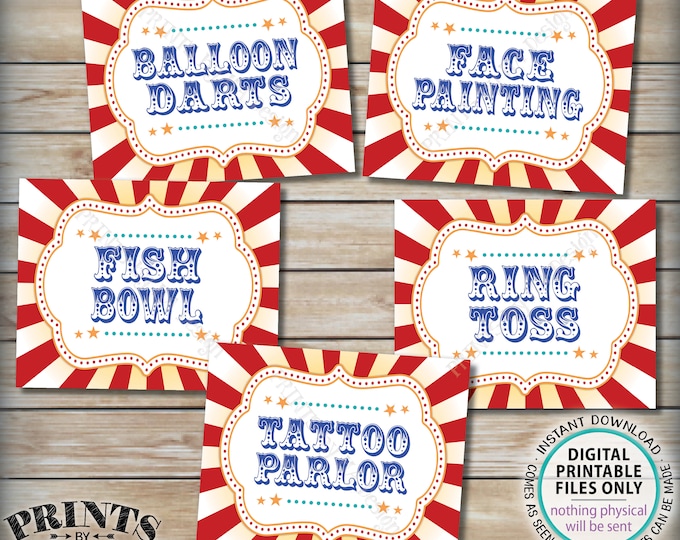Carnival Games Signs, Balloon Darts, Face Painting, Fish Bowl, Ring Toss, Tattoo Parlor, PRINTABLE 8x10/16x20” Circus Party Game Signs <ID>