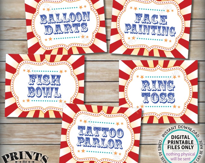 Carnival Games Signs, Balloon Darts, Face Painting, Fish Bowl, Ring Toss, Tattoo Parlor, PRINTABLE 8x10/16x20” Circus Party Game Signs <ID>