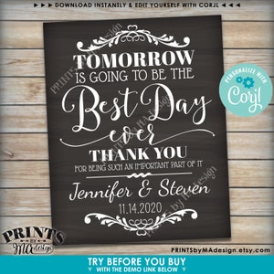 Puede incluir: Un letrero de pizarra negra con texto blanco que dice "Ma&ntilde;ana ser&aacute; el mejor d&iacute;a de todos. Gracias por ser una parte tan importante de esto. Jennifer & Steven 11.14.2020". El letrero tiene un borde decorativo y un peque&ntilde;o logotipo en la esquina inferior izquierda que dice "Prints by Ma Design".