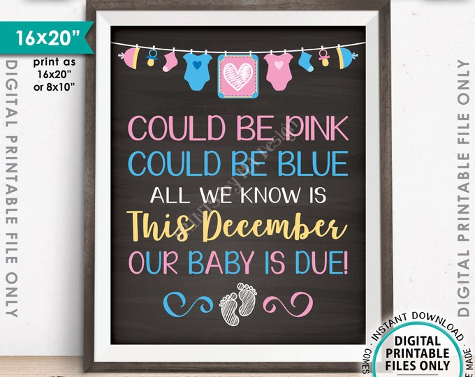 Pregnancy Announcement, Could be Pink Could be Blue Baby is Due in DECEMBER Dated Chalkboard Style PRINTABLE 16x20” Reveal Sign <ID>