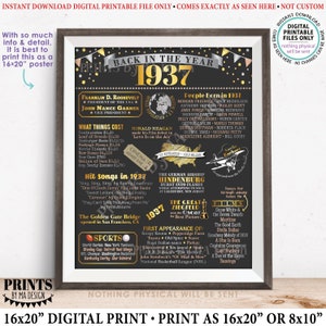 Back in 1937 Poster Board, Flashback to 1937, Remember the Year 1937, USA History from 1937, PRINTABLE 16x20” Sign &lt;ID&gt;