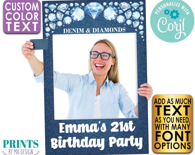 Custom Denim & Diamonds Party Photo Booth Frame, Editable Selfie Station, Custom PRINTABLE 24x36” Digital File <Edit Yourself w/Corjl>