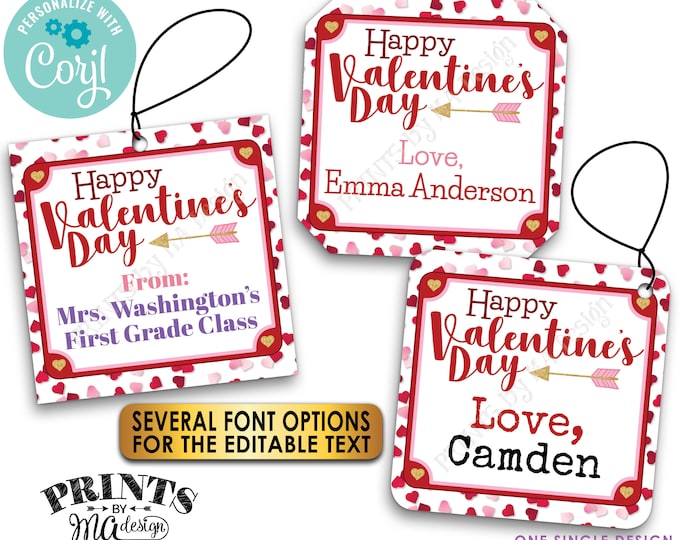 Happy Valentine's Day Tags, Holiday Treat School Goodie Bag, 3" Square Cards on Digital PRINTABLE 8.5x11" File <Edit Yourself with Corjl>