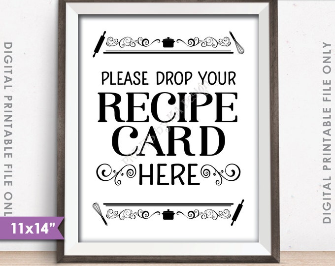 Drop your Recipe Card Here Sign, Recipe Card Drop-off, Wedding Shower, Bridal Shower, 11x14" Instant Download Digital Printable File