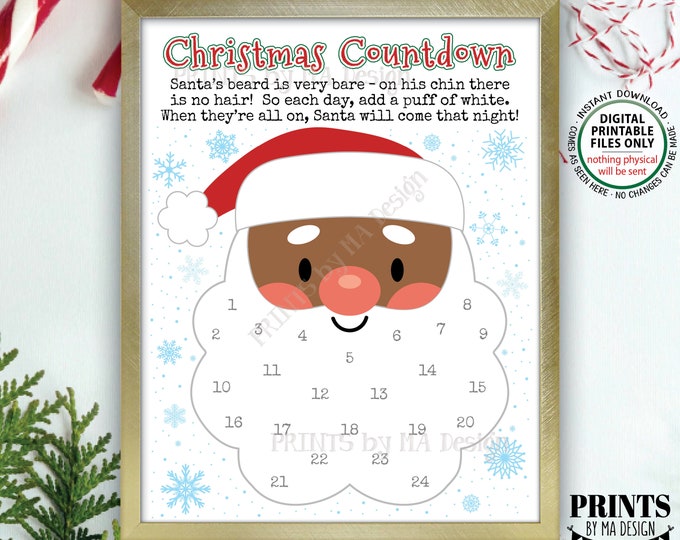 Black Santa Countdown to Christmas, Glue Cotton Balls on Santa's Beard Countdown Calendar, PRINTABLE 8.5x11” Xmas Santa Countdown Sign <ID>