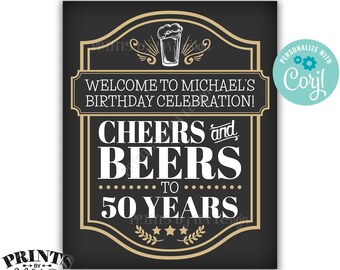 Cheers and Beers Birthday Sign, Cheers & Beers Party, Cheers to B-day Years, Custom PRINTABLE 8x10/16x20” Sign <Edit Yourself with Corjl>