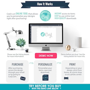 May include: A graphic showing how to use Corjl, an online tool to personalize designs. The graphic shows a computer screen with the Corjl logo, a lamp, a plant, and three steps: Purchase, Personalize, and Print. The text "Try Before You Buy" is at the bottom of the graphic.