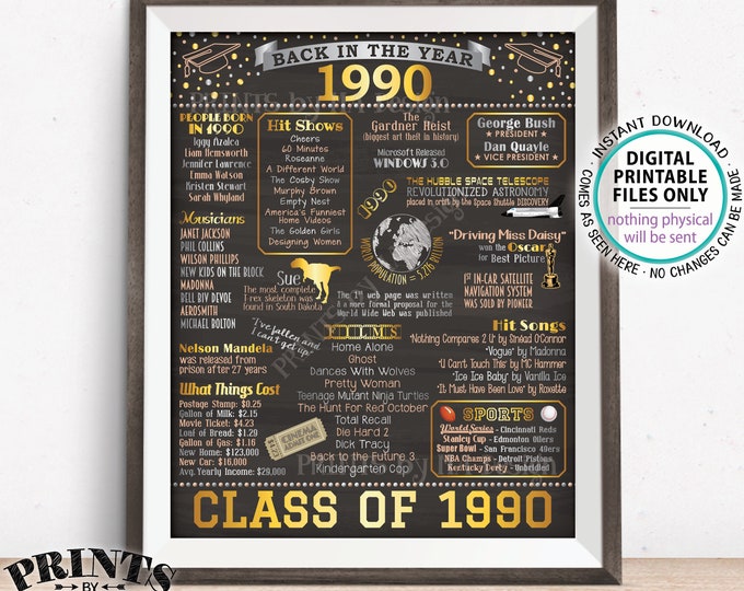 Back in 1990 Poster Board, Class of 1990 Reunion Decoration, Flashback to 1990 Graduating Class, PRINTABLE 16x20” Sign <ID>