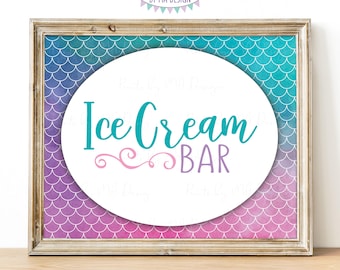 Mermaid Ice Cream Bar Sign, Mermaids Tail Birthday, Under the Sea, PRINTABLE 8x10/16x20” Watercolor Style Mermaid Party Sign <ID>