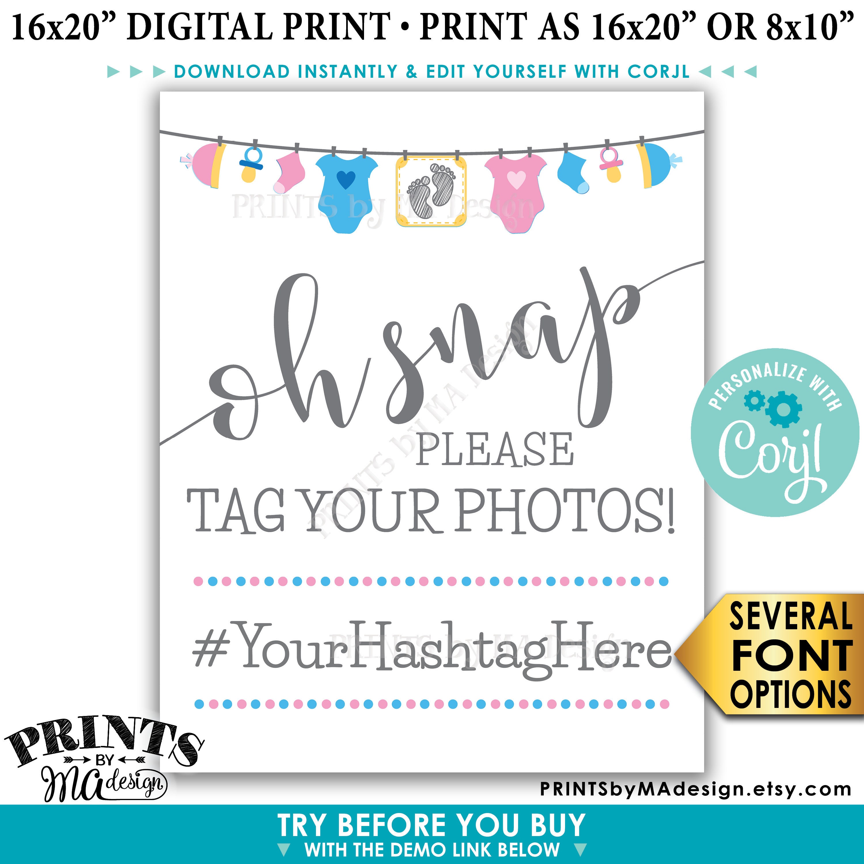 Baby Shower Hashtag Sign, Oh Snap Please Tag Your Photos, Gender