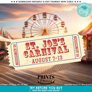 Puede incluir: Un boleto imprimible para el Carnaval de St. Joe, que tendr&aacute; lugar del 7 al 13 de agosto. El boleto es beige con acentos azules y rojos. El texto "$5 de admisi&oacute;n" est&aacute; impreso en ambos lados del boleto.