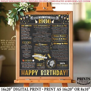 Póster retrospectivo de cumpleaños de 1986, decoración de cumpleaños de 1986, regalo de cumpleaños del '86, cartel de cumpleaños IMPRIMIBLE de 16x20" <ID>