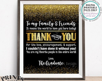 Graduation Thank You Sign, Thanks from the Graduate, Graduation Party Decoration Thank You Card, PRINTABLE 8x10” Black & Gold Grad Sign <ID>