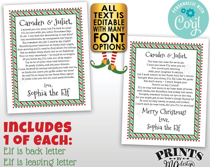 Christmas Elf Bundle Pack, Welcome Back & Goodbye Letters, Elf Leaving, Two Custom Editable PRINTABLE Digital Files <Edit Yourself w/Corjl>