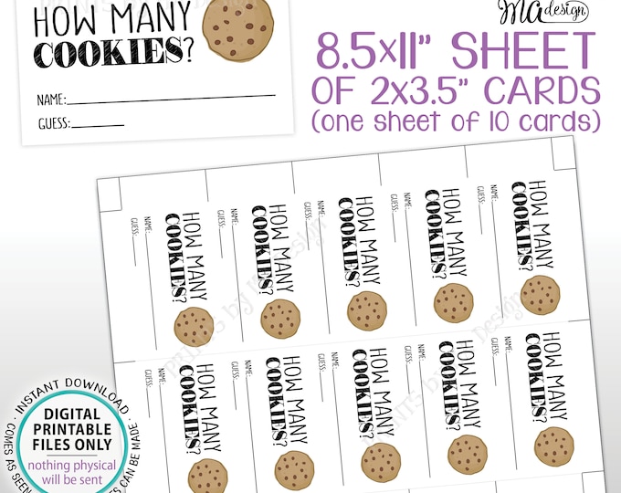 Guess How Many Cookies Cards, Cookie Guessing Game, Ten 3.5x2" Cards on one PRINTABLE 8.5x11” Sheet, DIgital File <Instant Download>