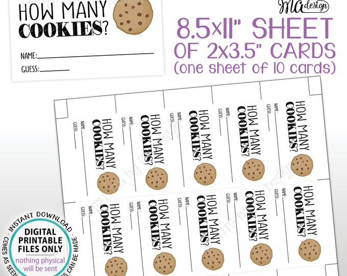 Guess How Many Cookies Cards, Cookie Guessing Game, Ten 3.5x2" Cards on one PRINTABLE 8.5x11” Sheet, DIgital File <Instant Download>