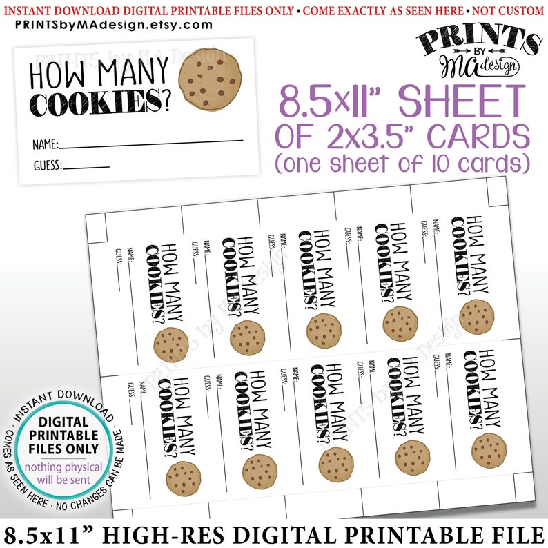 Guess How Many Cookies Cards Cookie Guessing Game Ten Etsy