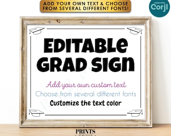Custom Graduation Sign, Grad Cap Corners, Choose Your Text, One Editable PRINTABLE 8x10/16x20” Landscape Sign <Edit Yourself with Corjl>