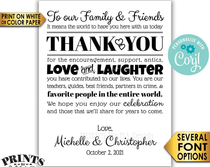 Wedding Thank You Sign, Thank Family and Friends, Custom PRINTABLE 8x10/16x20” Black & White Wedding Sign <Edit Yourself with Corjl>