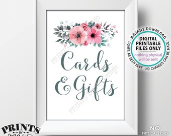 Cards and Gifts Sign, Pink Teal/Turquoise Gray Flowers Decor, Baby Shower, Bridal Shower, PRINTABLE 5x7" Watercolor Style Floral Sign <ID>