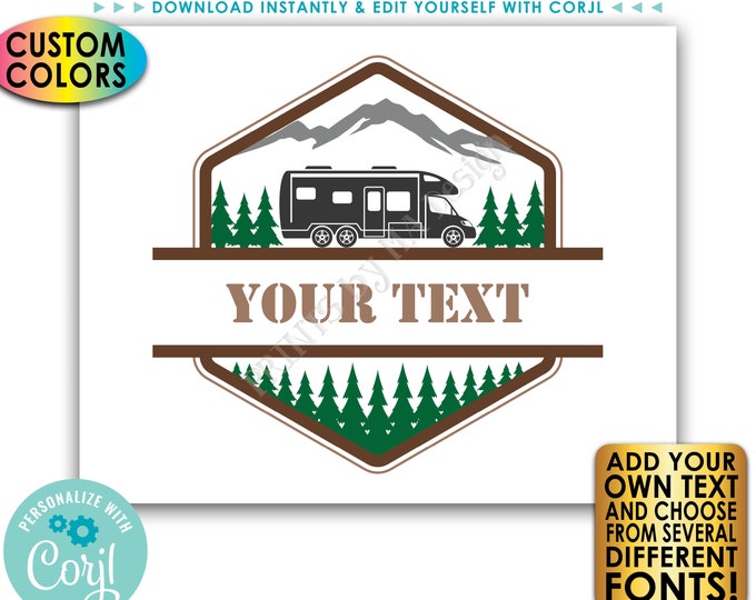 Custom Camper Sign, RV Camping Adventure Sign, Choose Your Text & Colors, PRINTABLE 8x10/16x20” Landscape Sign <Edit Yourself with Corjl>