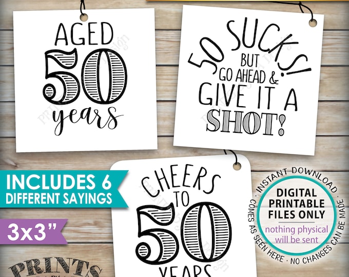 50th Birthday Party Signs, Alcohol Themed 50th B-day, Aged to Perfection Take a Shot, PRINTABLE Square 3x3" tags on 8.5x11" Instant Download