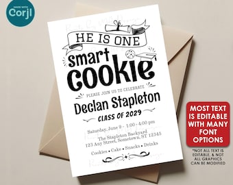 He is One Smart Cookie Graduation Party Invitation, Black & White PRINTABLE 5x7" Grad Invite, Boy Graduate <Edit Yourself with Corjl>