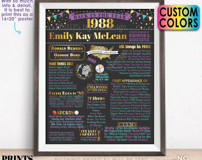 Back in the Year 1988 Retirement Party Sign, Flashback to 1988 Poster Board, Custom PRINTABLE 16x20” Retirement Party Decoration